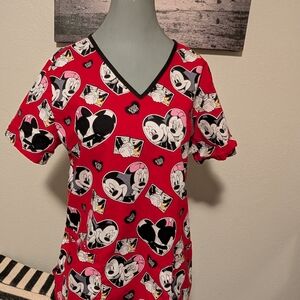 Red Mickey Mouse Heart Print Scrub Top